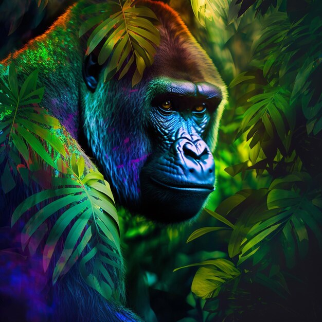 A gorilla with a colorful background that is in the jungle.