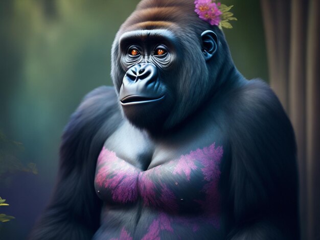 A gorilla with a flower on his chest