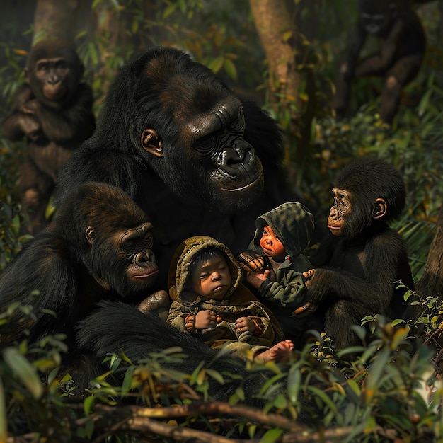 Photo a gorilla with a group of monkeys on their back