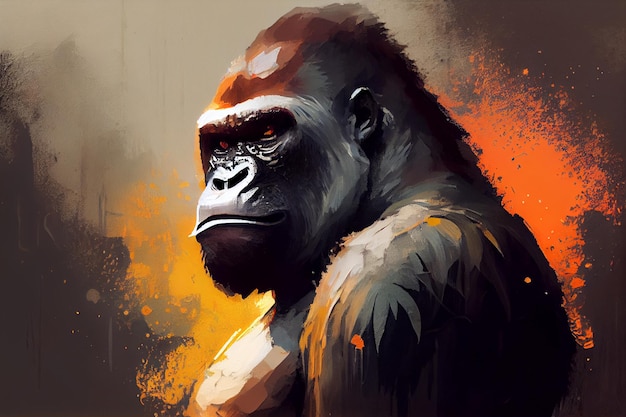 A gorilla with a red and orange background.