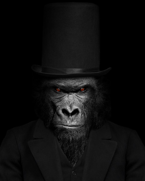 A gorilla with a top hat and a top hat is in the dark.