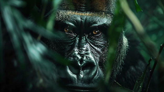 Gorillas forage in the dense jungle their muscular bodies