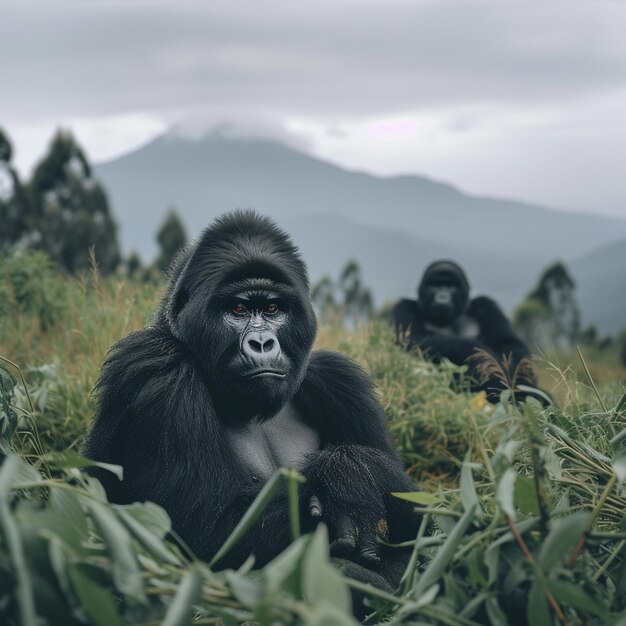 Photo gorillas in the grass with mountains in the background