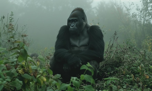 Photo gorillas in the misty mountains