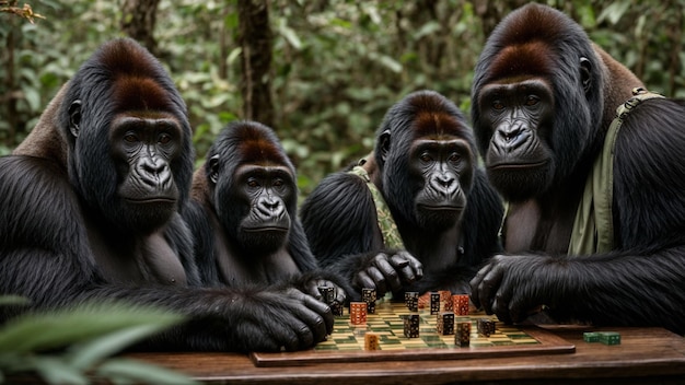 Gorillas playing a board game in the jungle