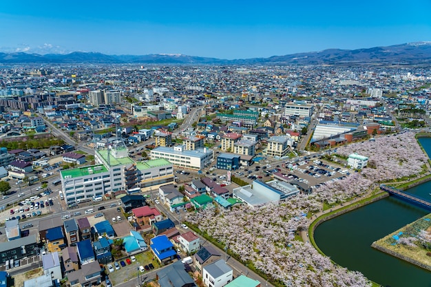 Goryokaku park in springtime cherry blossom season aerial view Hakodate Hokkaido Japan