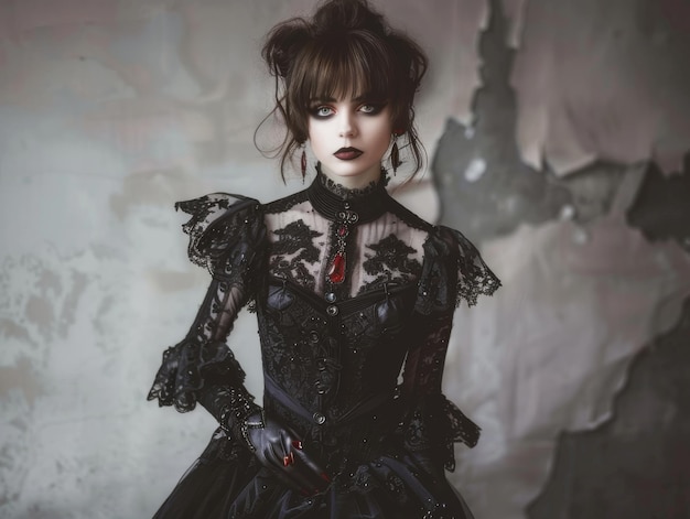 Photo goth woman wearing a gothic gown with black and red jewelry with goth makeup in the style of intense