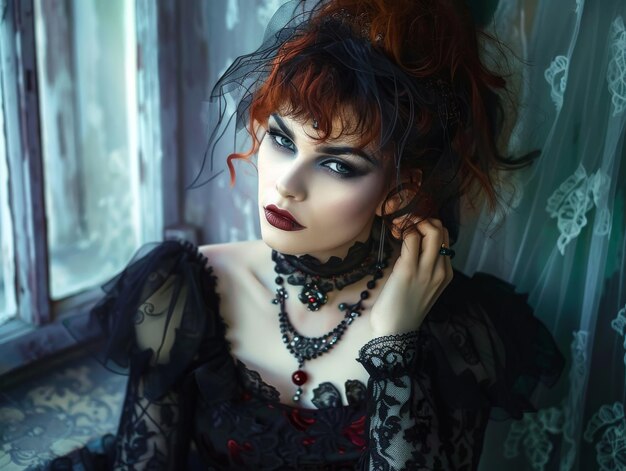 Photo goth woman wearing a gothic gown with black and red jewelry with goth makeup in the style of intense