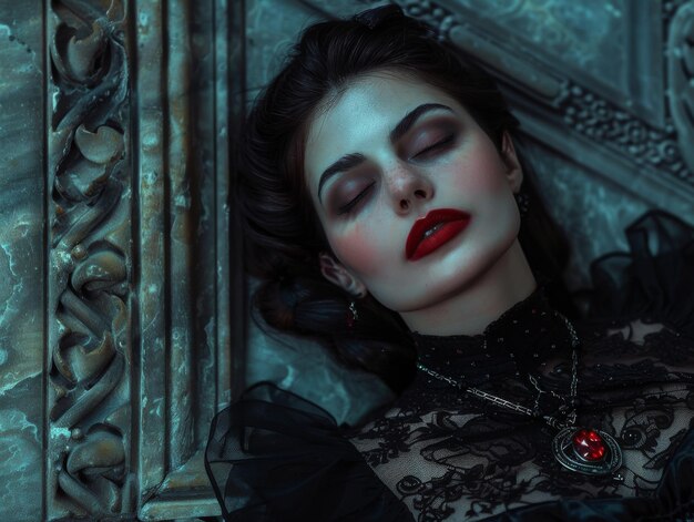 Photo goth woman wearing a gothic gown with black and red jewelry with goth makeup in the style of intense