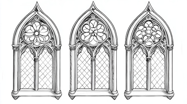 Gothic Arch Window Set Hand Drawn Illustration Vintage Architecture Design Element