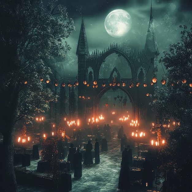 A gothic archway illuminated by lanterns and candles at night