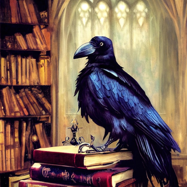 Gothic art raven sitting on a stack of old books on a gothic styled desk with steampunk instruments inside a room with tall gothic style windows