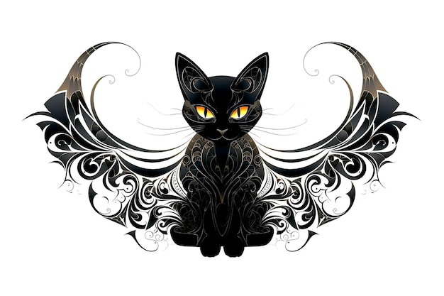 Photo gothic black cat with ornament on white background halloween concept generative ai