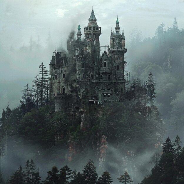 A gothic castle climbing from the haze on the edge of a dull forest area