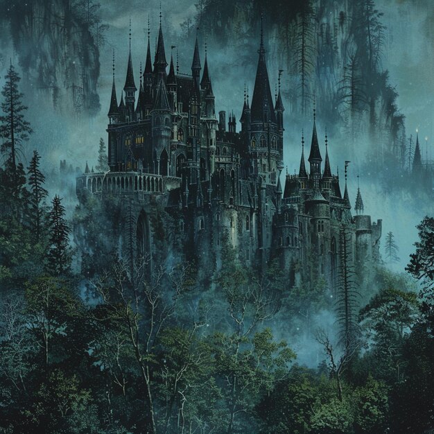 A gothic castle climbing from the haze on the edge of a dull forest area