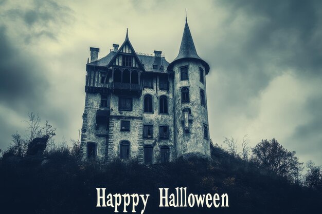 Photo gothic castle collage photos of a dark foreboding castle on a hill the text happy halloween