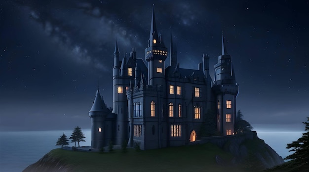 A gothic castle mansion surrounded by a sea of stars generated by AI