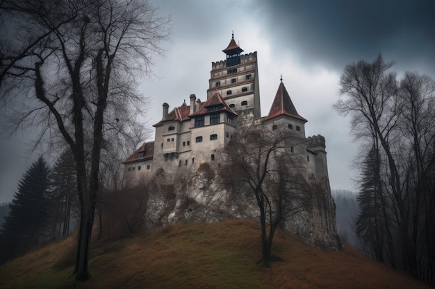 Gothic castle surrounded by mountains and mysterious forests generative IA