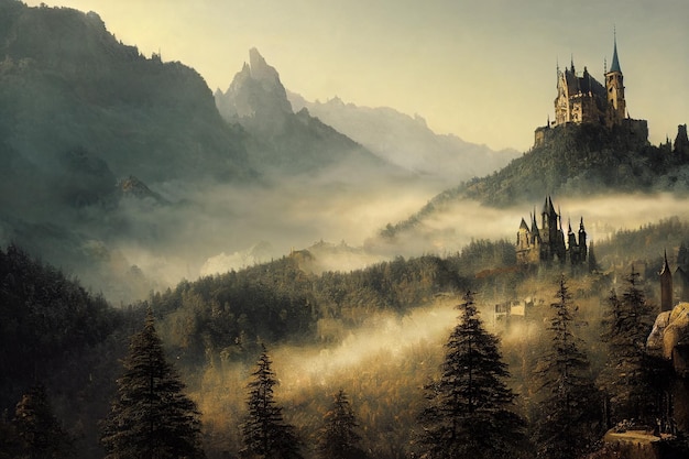 Gothic castle at the top of a mountaindark environment above a foggy valleyAI Generated Art