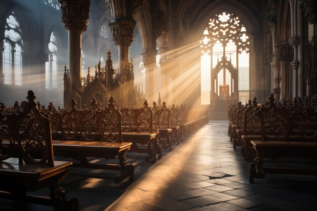 Gothic cathedral colorful stained glass faithful in prayer generative IA