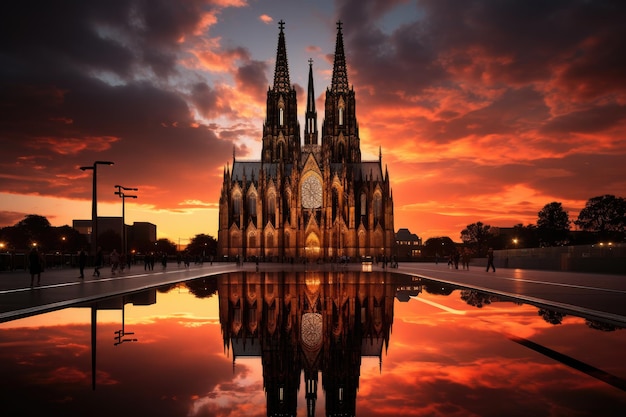 Gothic cathedral at dusk faithful gathered under colorful stained glass generative IA