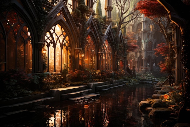 Gothic cathedral emerges in the forest faithful in worship under gold stained glass generative IA