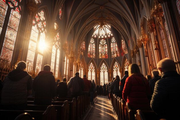 Gothic cathedral faithful in prayer colorful stained glass generative IA