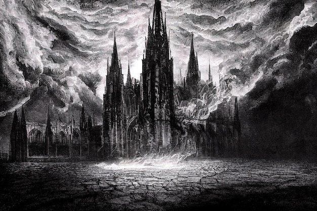 Gothic cathedral in mystical flames fire burning 2d illustration