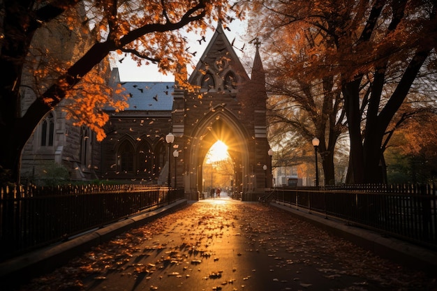 Gothic cathedral surrounded by trees faithful and stained glass generative IA