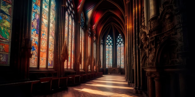 Gothic cathedral with stained glass windows and intricate architecture conveying a sense of grandeur and mystery enerative AI