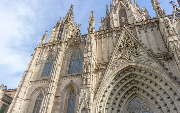 Gothic Catholic Cathedral Facade  Barcelona Catalonia Spain. Built in 1298.