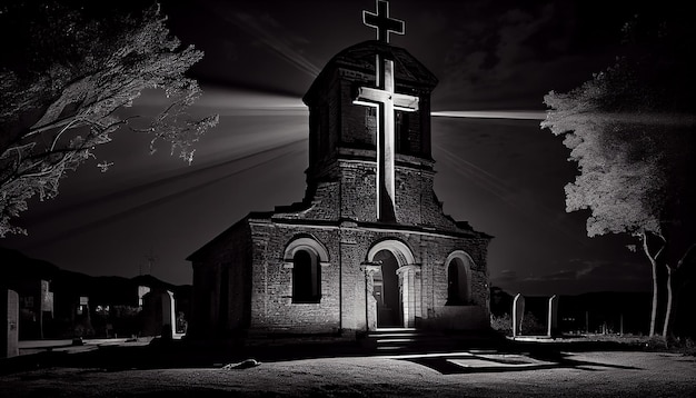 Gothic chapel stands silhouetted against back lit sky generated by AI