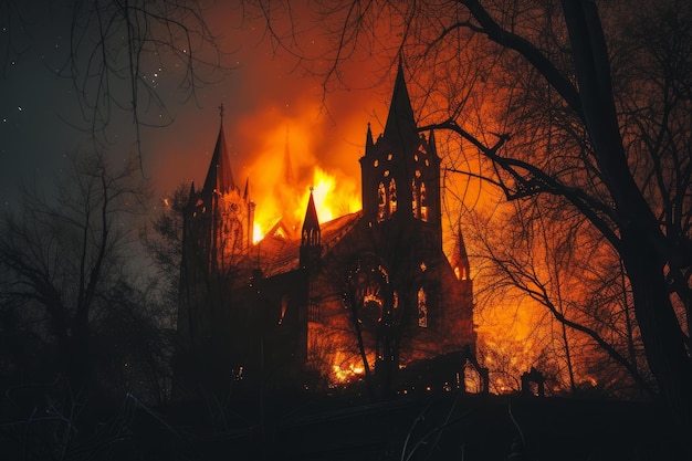 Gothic church engulfed in flames at night