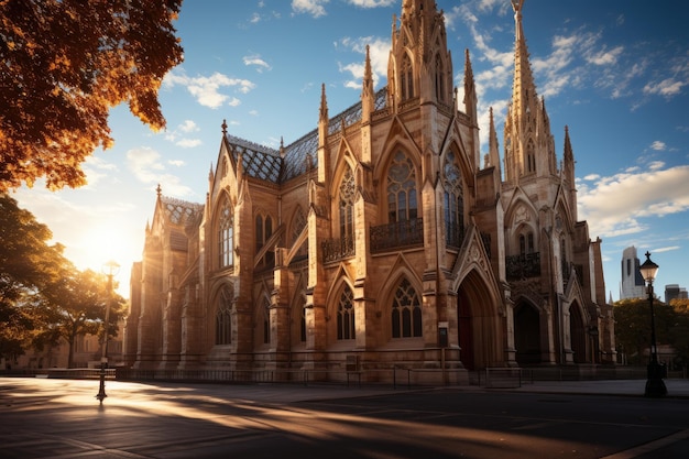 Gothic church with stained glass altars and serene garden generative IA