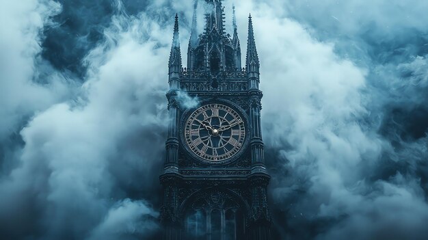 Photo gothic clock tower intricate gears visible surrounded by swirling fog watercolor style