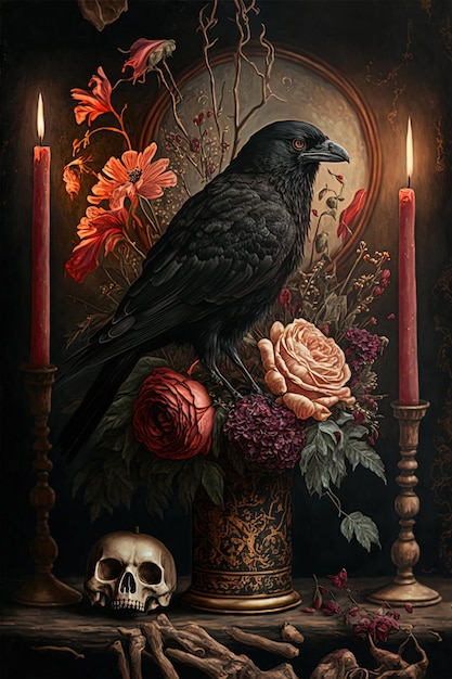 Gothic Elegance Dark Floral Crow Still Life with Rose Skull and Candles