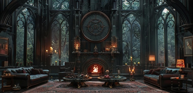 Photo gothic living room with fireplace and large windows