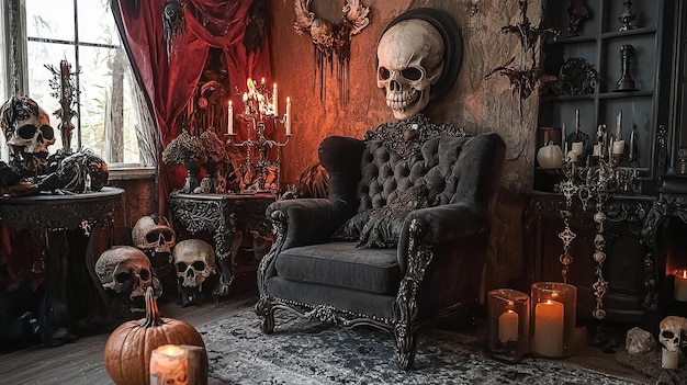 Photo a gothic living room with a plush armchair candles and skulls