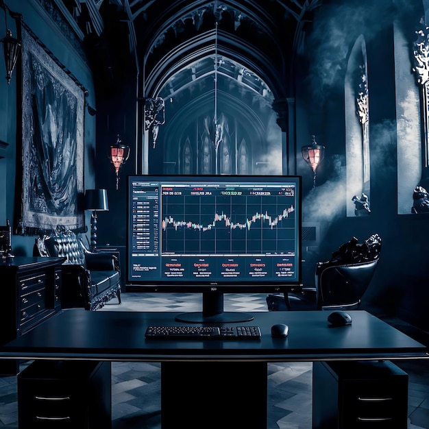 Photo a gothic office with a dark fantasy vibe featuring a stock market comparison on a large monitor