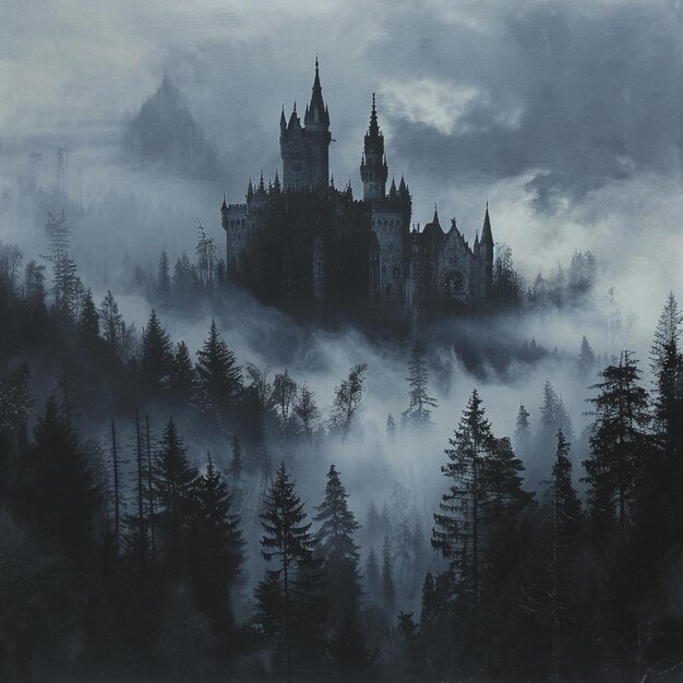 A gothic palace ascending from the fog on the edge of a dull woodland region