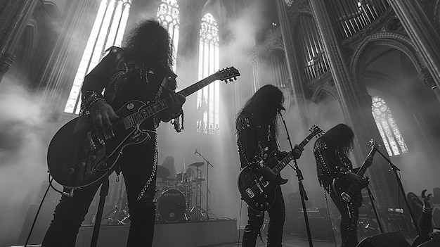 Photo gothic rock band performing live on stage in atmospheric cathedral setting