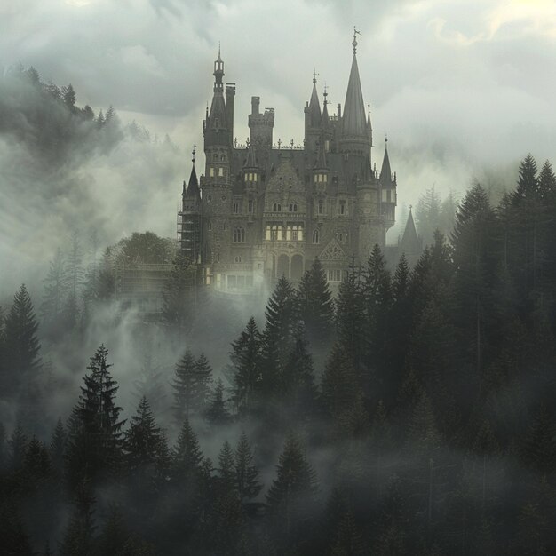 A gothic royal residence moving toward over a haze covered woods