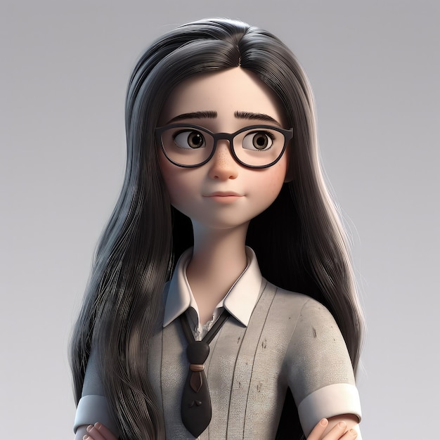 Gothic style girl cartoon character 3d beautiful black hair looks like Wednesday Adams