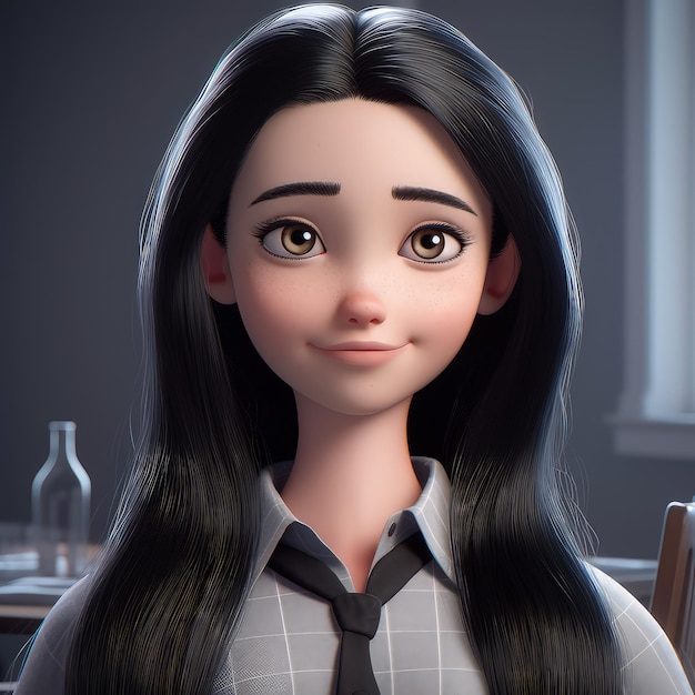 Gothic style girl cartoon character 3d beautiful black hair looks like Wednesday Adams