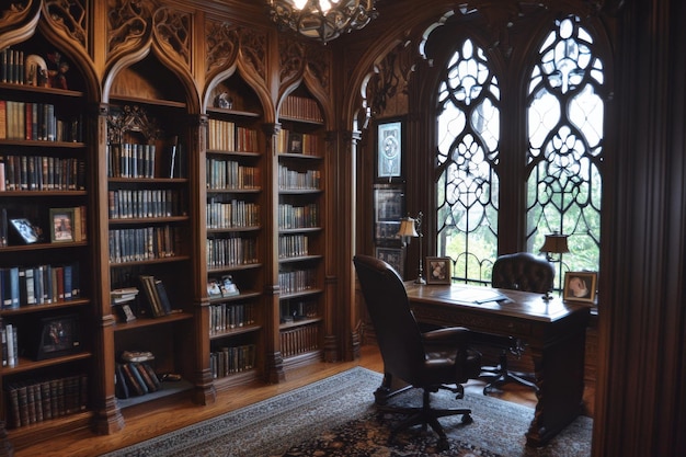 Photo gothic style library with intricate wall grilles