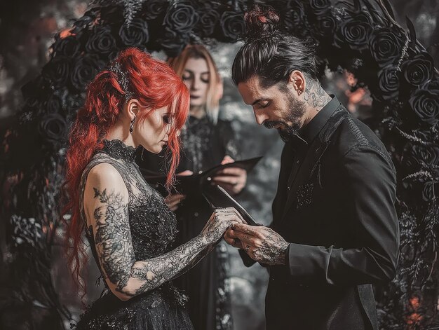 Photo gothic wedding couple exchanging vows under arch of black roses