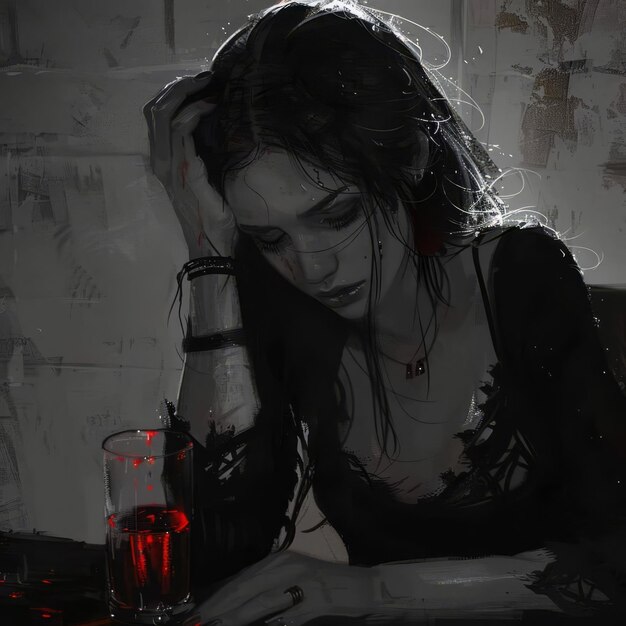 Photo gothic woman feeling depressed and lonely drinking red wine alone at night