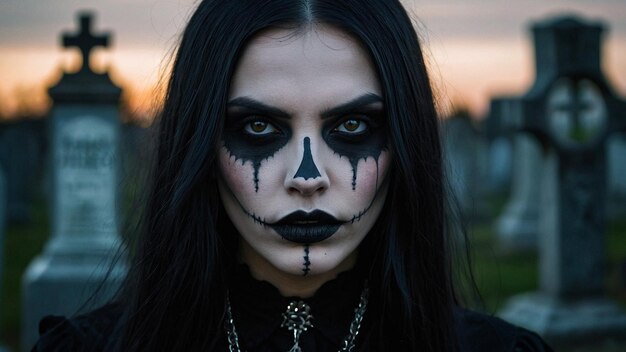 Gothic Woman With Intricate Skull Makeup In Cemetery At Dusk