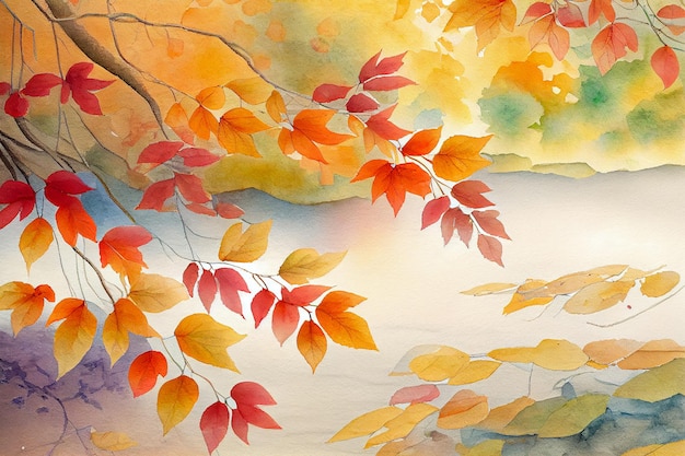 Gouache drawing autumn in the forest red and yellow leaves on branches illustration Generative AI