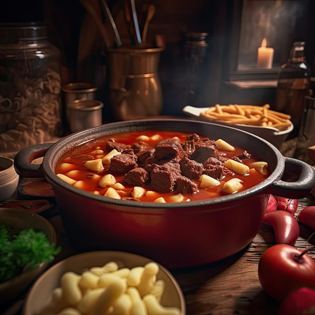 Goulash a soup or stew of meat and vegetables seasoned with paprika